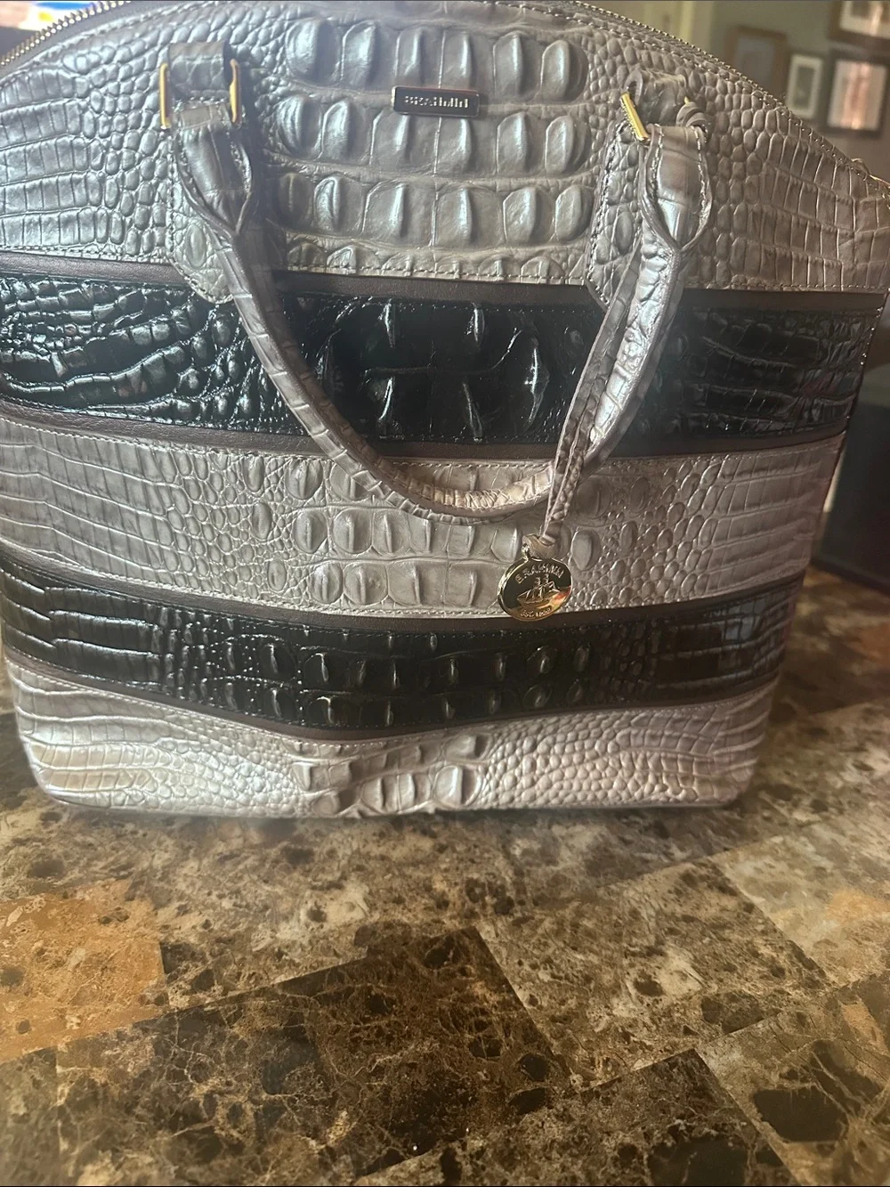 Brahmin Striped Croc-Embossed Tote Bag in Black and Taupe